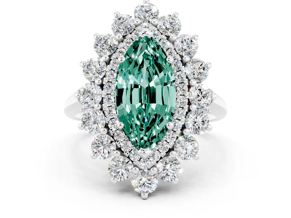 Platinum Marquise Cut Halo Cluster Diamond Ring with Pave Band and Four-Prong Setting