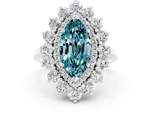 Platinum Marquise Cut Blue Topaz Floral Double Halo Engagement Ring with Prong Setting