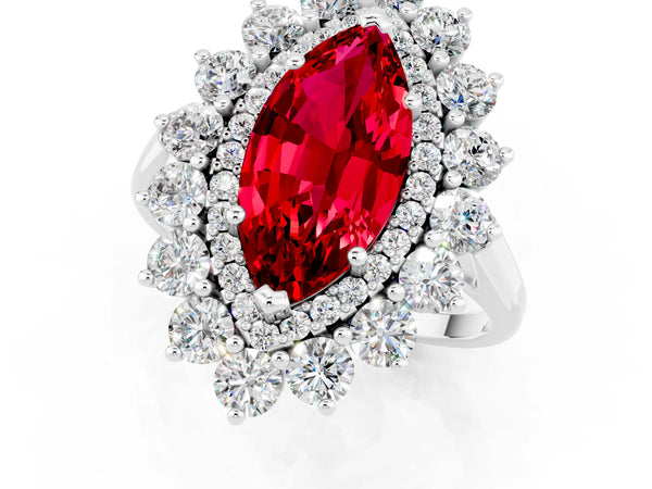 Silver Marquise Cut Ruby Floral Double Halo Engagement Ring with Prong Setting