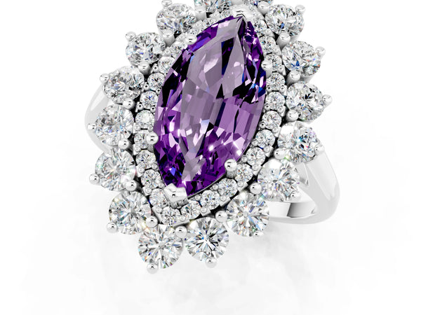 White gold Marquise Cut Amethyst Floral Double Halo Engagement Ring with Prong Setting