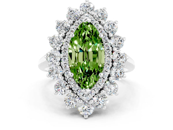 Platinum Marquise Cut Peridot Floral Double Halo Engagement Ring with Prong Setting