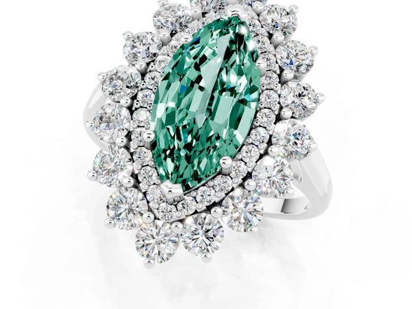 White gold Marquise Cut Green Sapphire Floral Double Halo Engagement Ring with Prong Setting