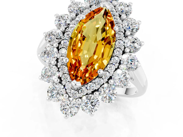 Silver Marquise Cut Citrine Floral Double Halo Engagement Ring with Prong Setting
