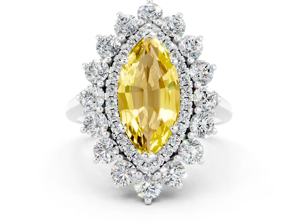Platinum Marquise Cut Yellow Sapphire Floral Double Halo Engagement Ring with Prong Setting