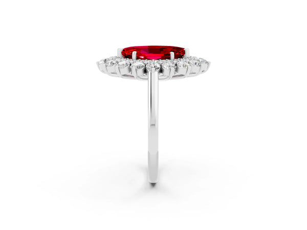 Platinum Marquise Cut Ruby Floral Double Halo Engagement Ring with Prong Setting