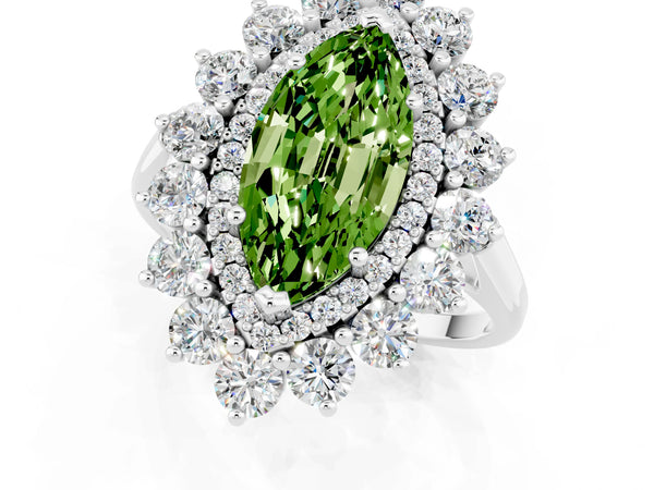 Platinum Marquise Cut Peridot Floral Double Halo Engagement Ring with Prong Setting