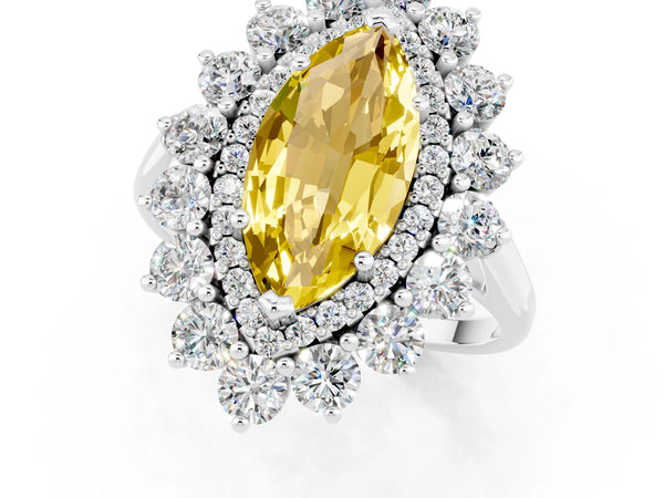 Silver Marquise Cut Yellow Sapphire Floral Double Halo Engagement Ring with Prong Setting
