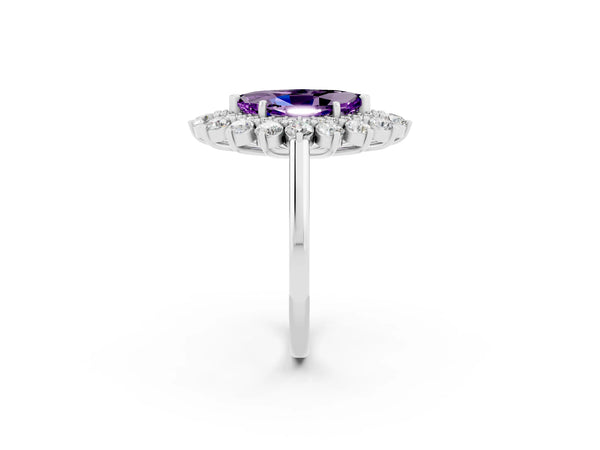 Platinum Marquise Cut Amethyst Floral Double Halo Engagement Ring with Prong Setting