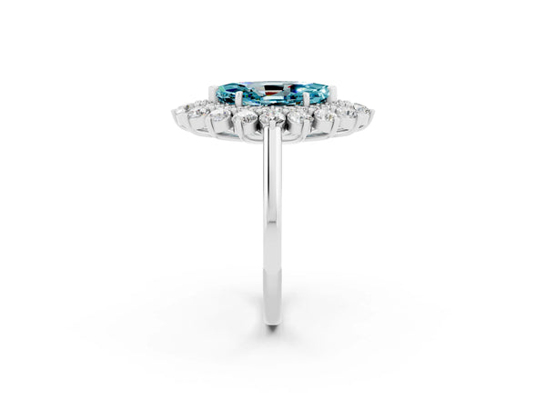 Platinum Marquise Cut Halo Cluster Diamond Ring with Pave Band and Four-Prong Setting