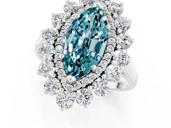Platinum Marquise Cut Blue Topaz Floral Double Halo Engagement Ring with Prong Setting