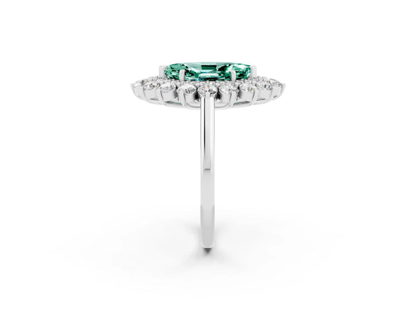 Platinum Marquise Cut Green Sapphire Floral Double Halo Engagement Ring with Prong Setting