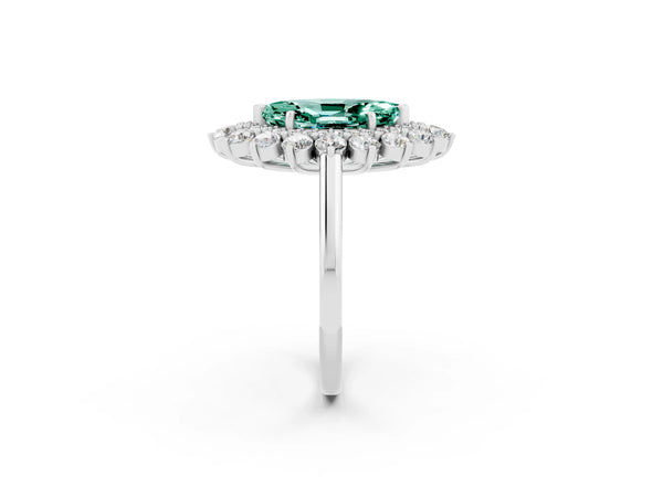Platinum Marquise Cut Halo Cluster Diamond Ring with Pave Band and Four-Prong Setting
