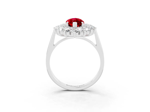 Platinum Marquise Cut Ruby Floral Double Halo Engagement Ring with Prong Setting