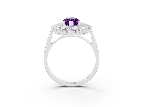Silver Marquise Cut Amethyst Floral Double Halo Engagement Ring with Prong Setting