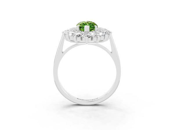 Silver Marquise Cut Peridot Floral Double Halo Engagement Ring with Prong Setting