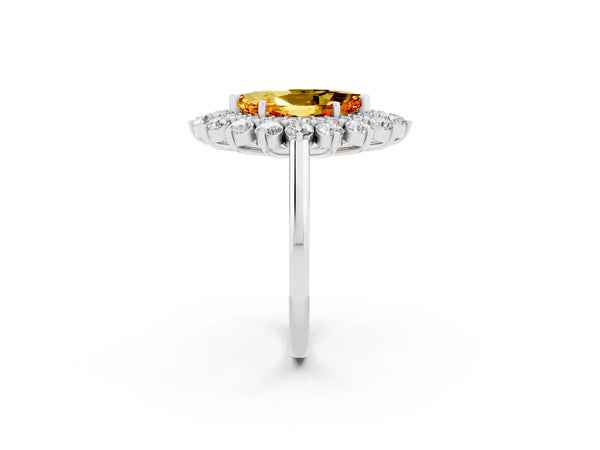 Platinum Marquise Cut Citrine Floral Double Halo Engagement Ring with Prong Setting