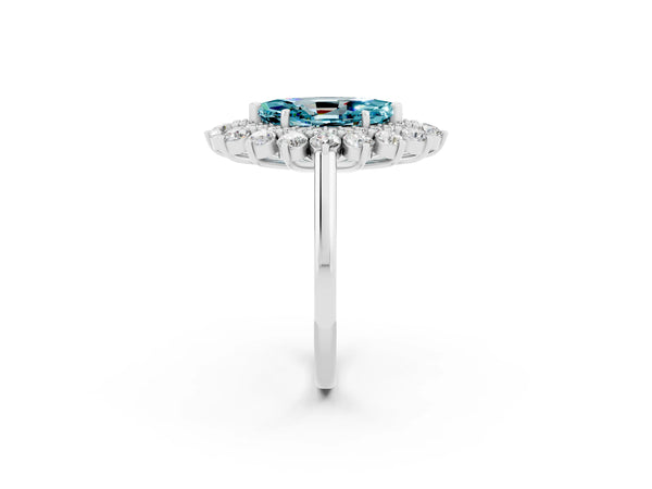 Platinum Marquise Cut Blue Topaz Floral Double Halo Engagement Ring with Prong Setting