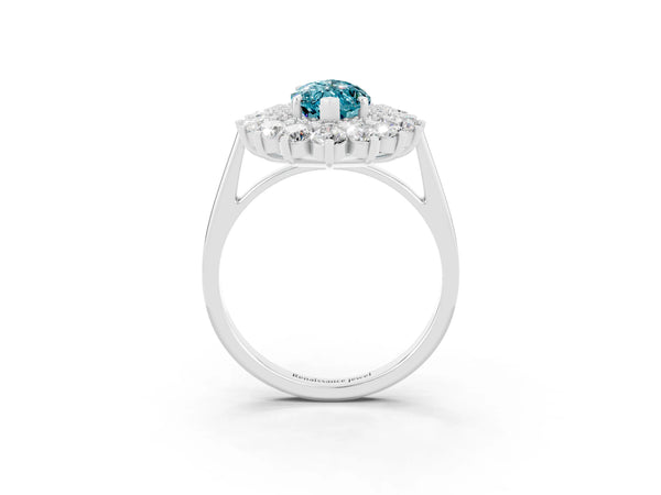 Platinum Marquise Cut Halo Cluster Diamond Ring with Pave Band and Four-Prong Setting