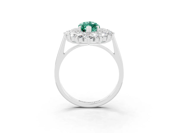 White gold Marquise Cut Green Sapphire Floral Double Halo Engagement Ring with Prong Setting