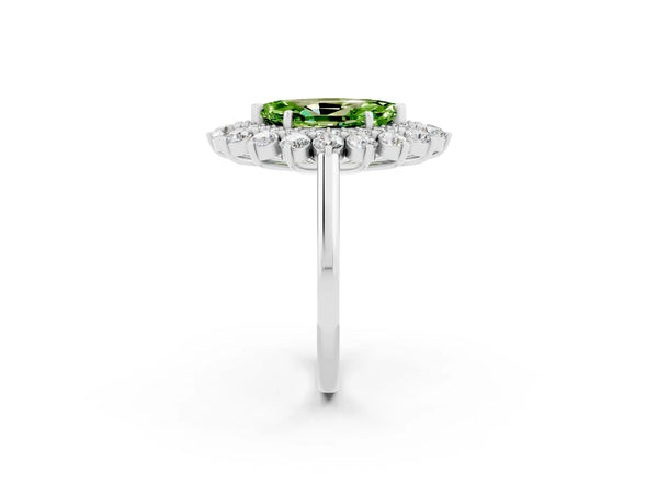 Platinum Marquise Cut Peridot Floral Double Halo Engagement Ring with Prong Setting