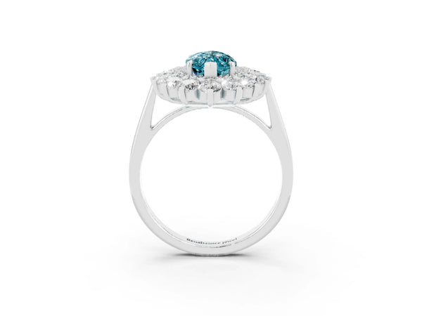 Silver Marquise Cut Blue Topaz Floral Double Halo Engagement Ring with Prong Setting