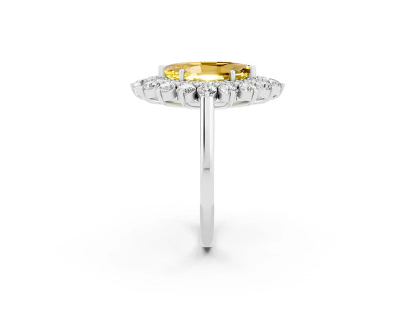 Platinum Marquise Cut Yellow Sapphire Floral Double Halo Engagement Ring with Prong Setting