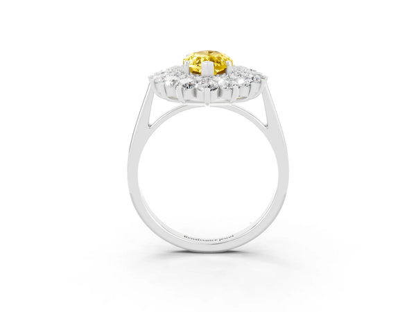Platinum Marquise Cut Yellow Sapphire Floral Double Halo Engagement Ring with Prong Setting