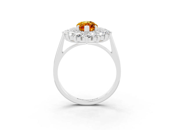Platinum Marquise Cut Citrine Floral Double Halo Engagement Ring with Prong Setting