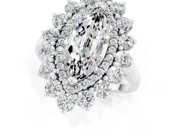 White gold Marquise Cut Moissanite Floral Double Halo Engagement Ring with Prong Setting