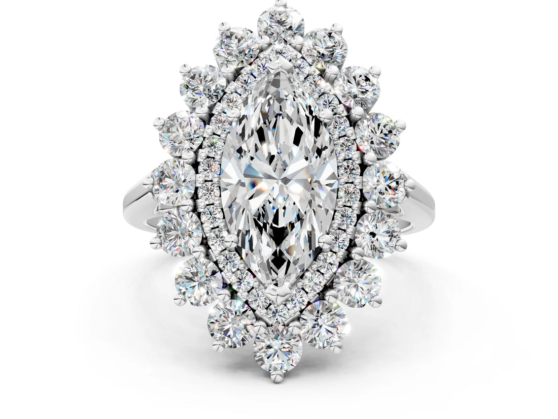 White gold Marquise Cut Halo Cluster Diamond Ring with Pave Band and Four-Prong Setting_19