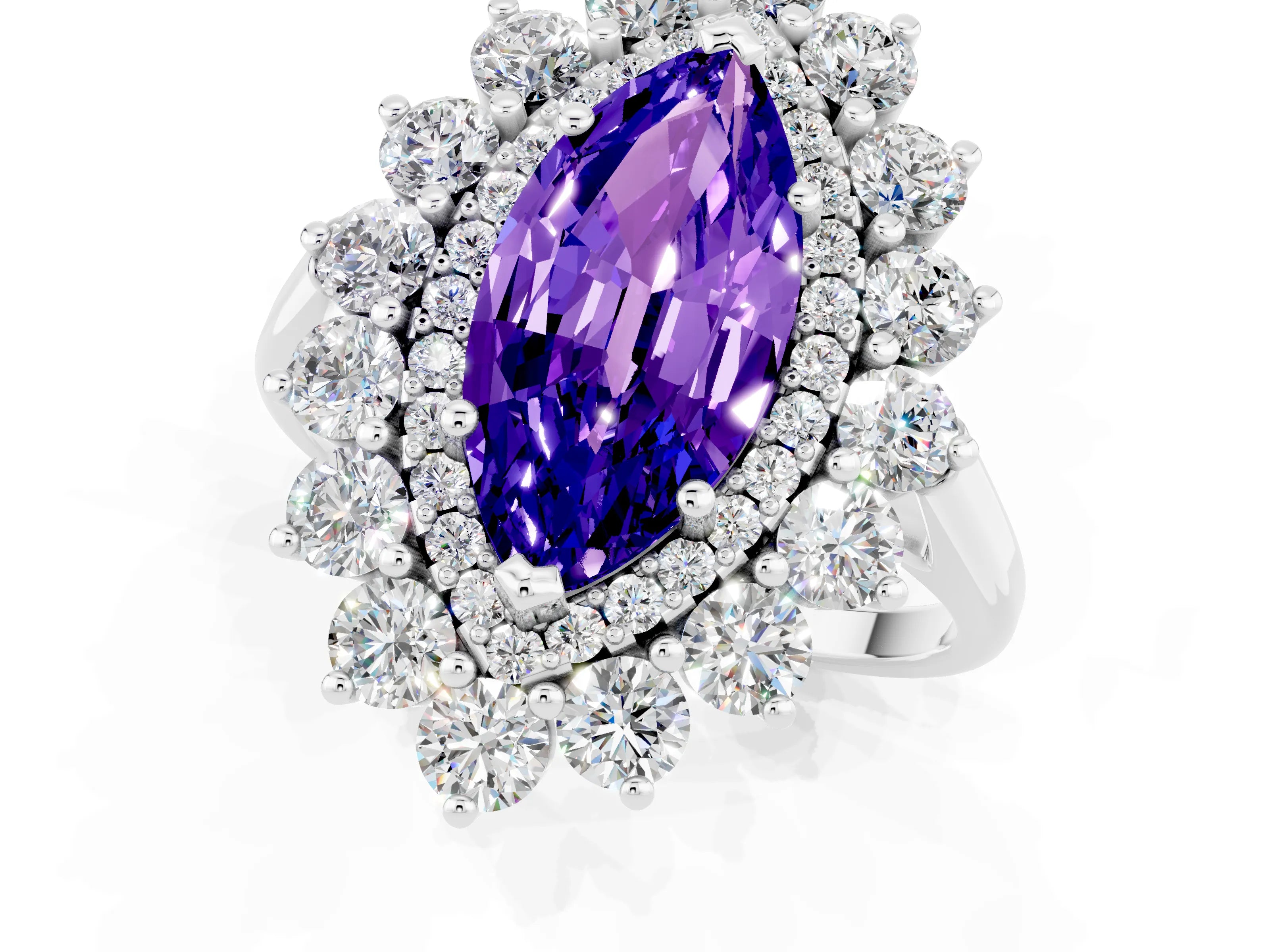 White gold Marquise Cut Halo Cluster Diamond Ring with Pave Band and Four-Prong Setting_1