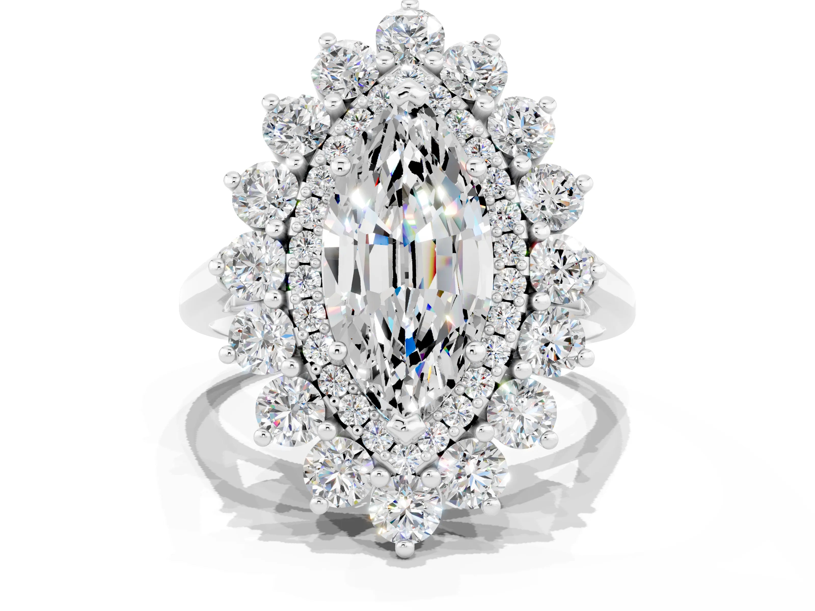 White gold Marquise Cut Halo Cluster Diamond Ring with Pave Band and Four-Prong Setting_23