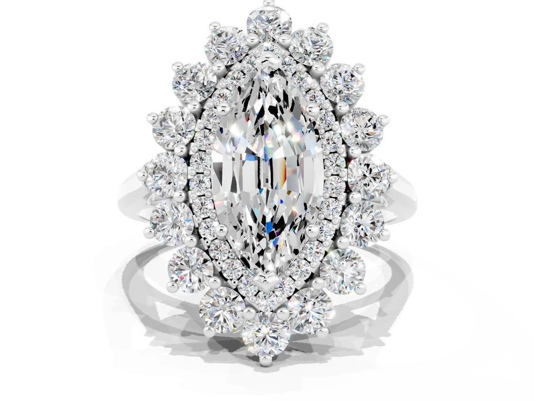 White gold Marquise Cut Halo Cluster Diamond Ring with Pave Band and Four-Prong Setting_23