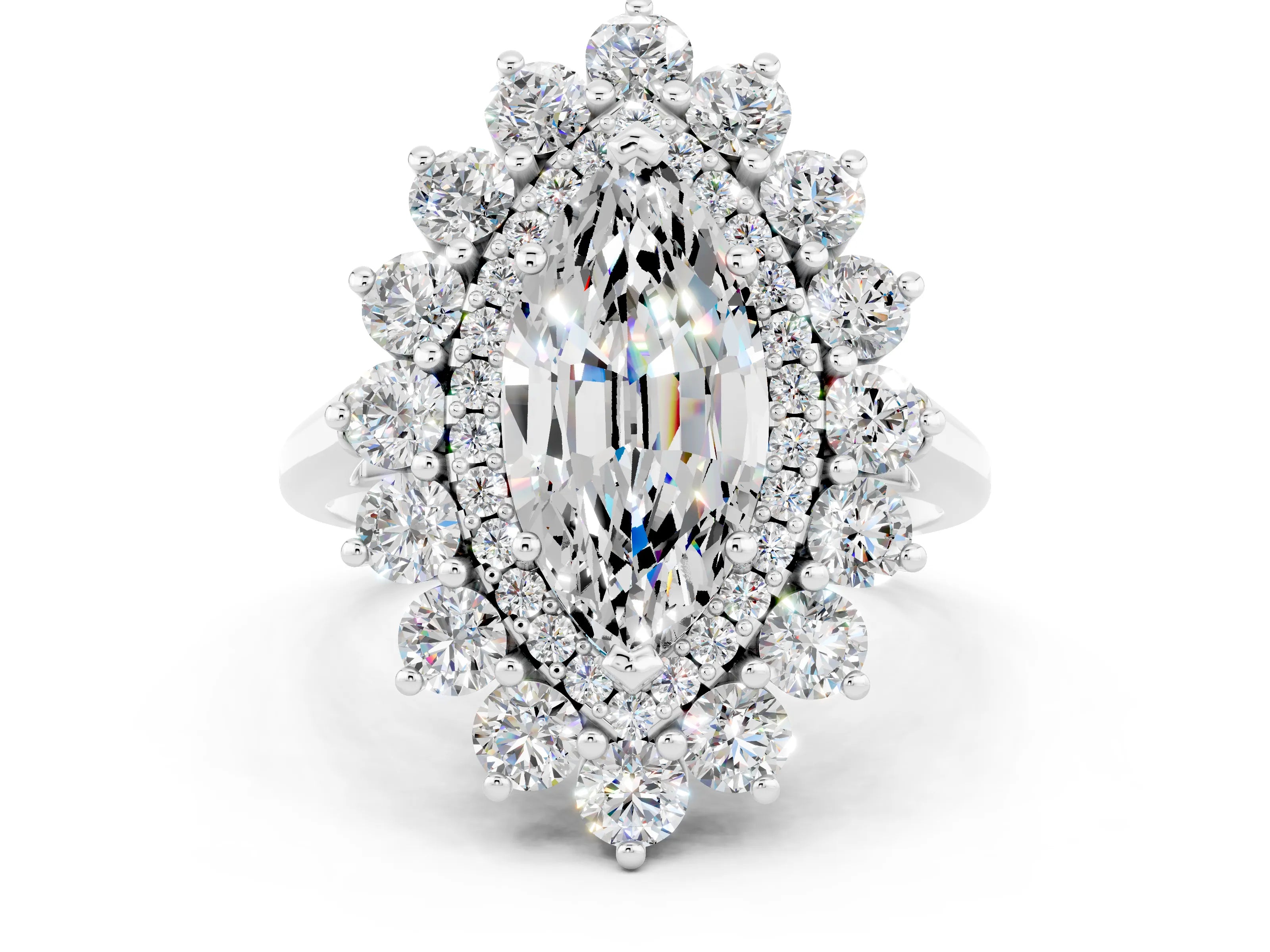 White gold Marquise Cut Halo Cluster Diamond Ring with Pave Band and Four-Prong Setting_24