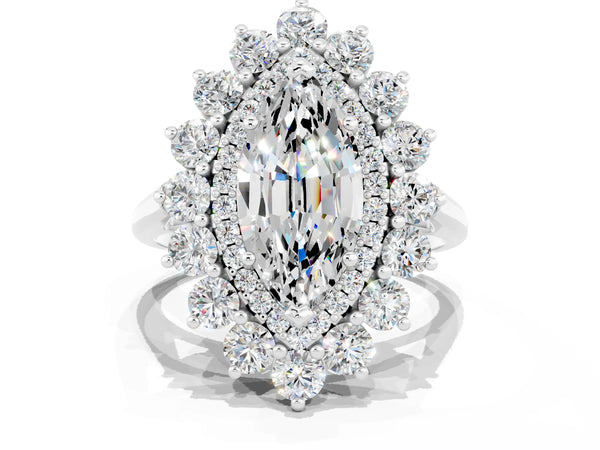 Platinum Marquise Cut Moissanite Floral Double Halo Engagement Ring with Prong Setting