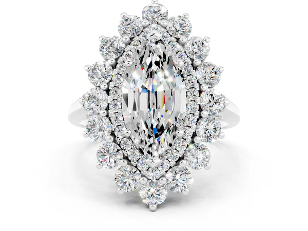 Silver Marquise Cut Moissanite Floral Double Halo Engagement Ring with Prong Setting