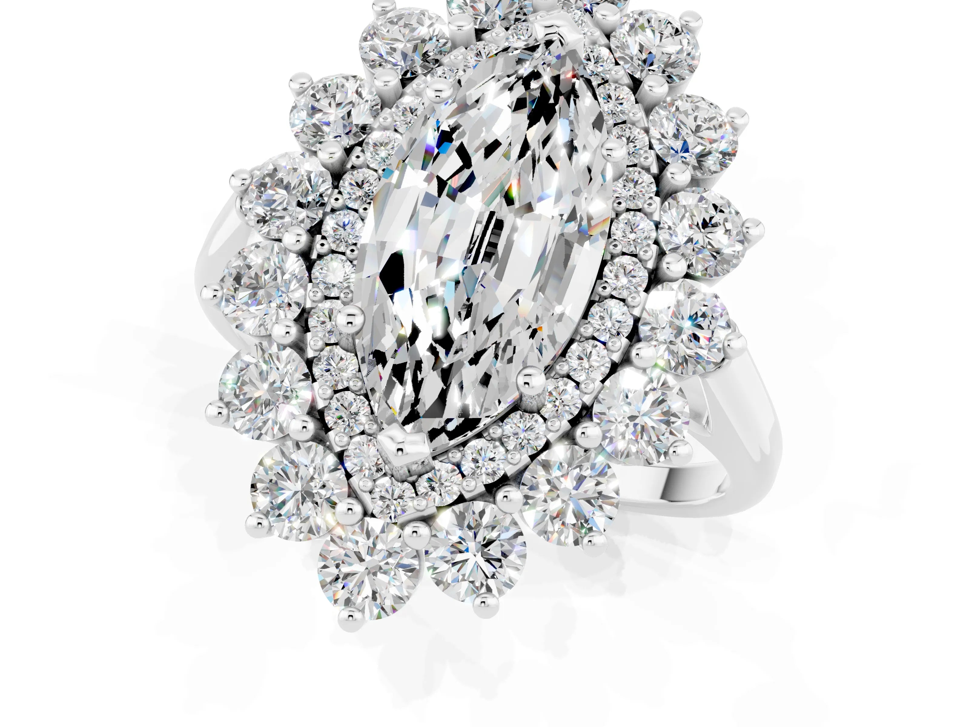 White gold Marquise Cut Halo Cluster Diamond Ring with Pave Band and Four-Prong Setting_24