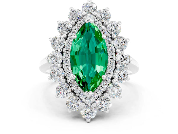 White gold Marquise Cut Emerald Floral Double Halo Engagement Ring with Prong Setting