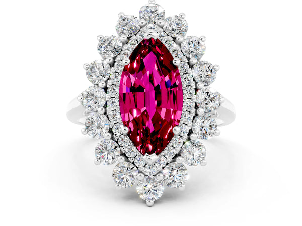 White gold Marquise Cut Garnet Floral Double Halo Engagement Ring with Prong Setting