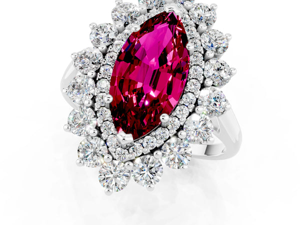Silver Marquise Cut Garnet Floral Double Halo Engagement Ring with Prong Setting