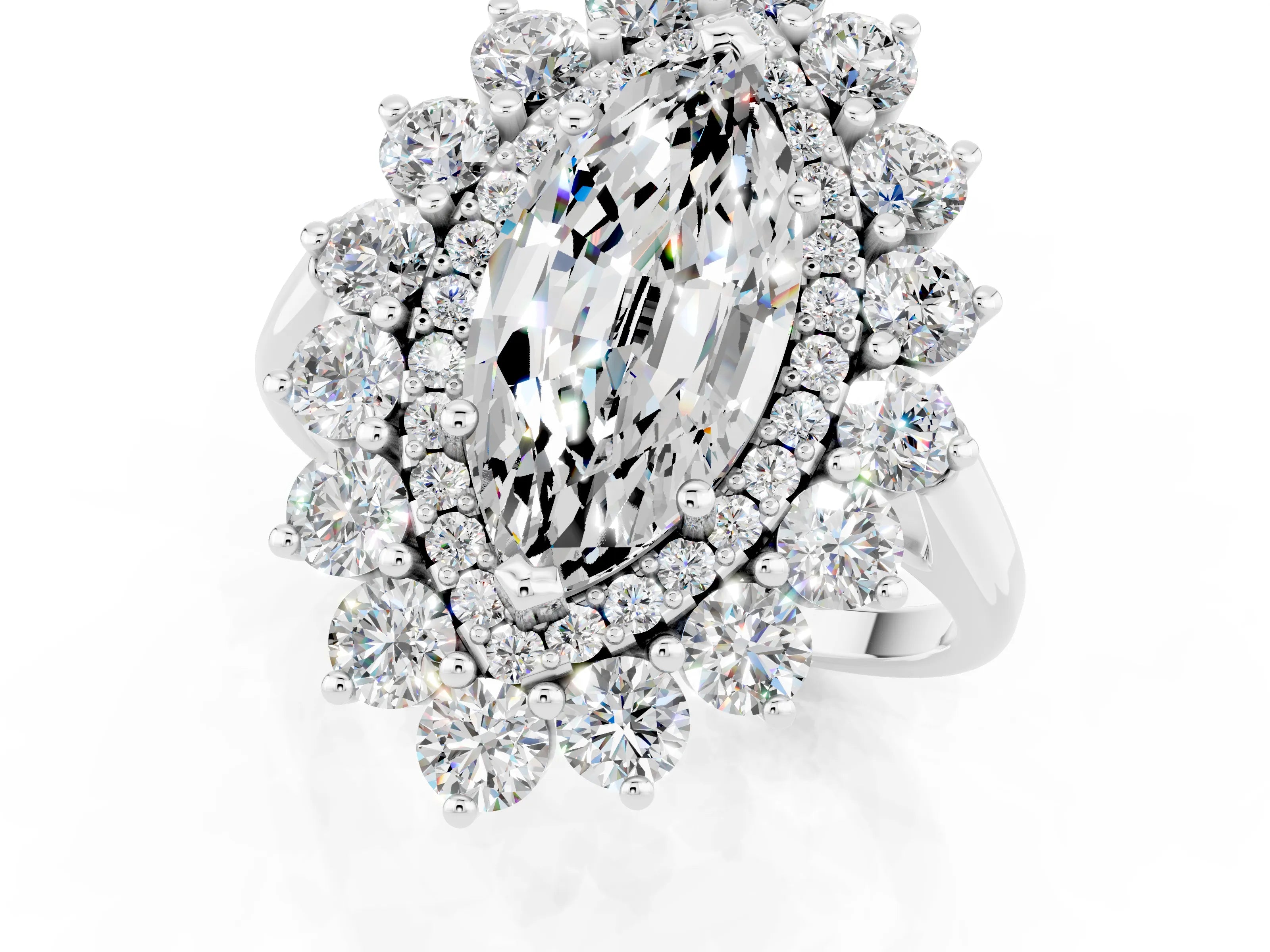 White gold Marquise Cut Halo Cluster Diamond Ring with Pave Band and Four-Prong Setting_25