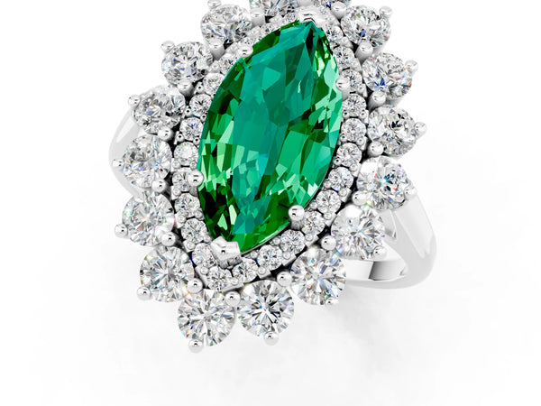 White gold Marquise Cut Emerald Floral Double Halo Engagement Ring with Prong Setting