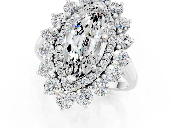 White gold Marquise Cut Moissanite Floral Double Halo Engagement Ring with Prong Setting