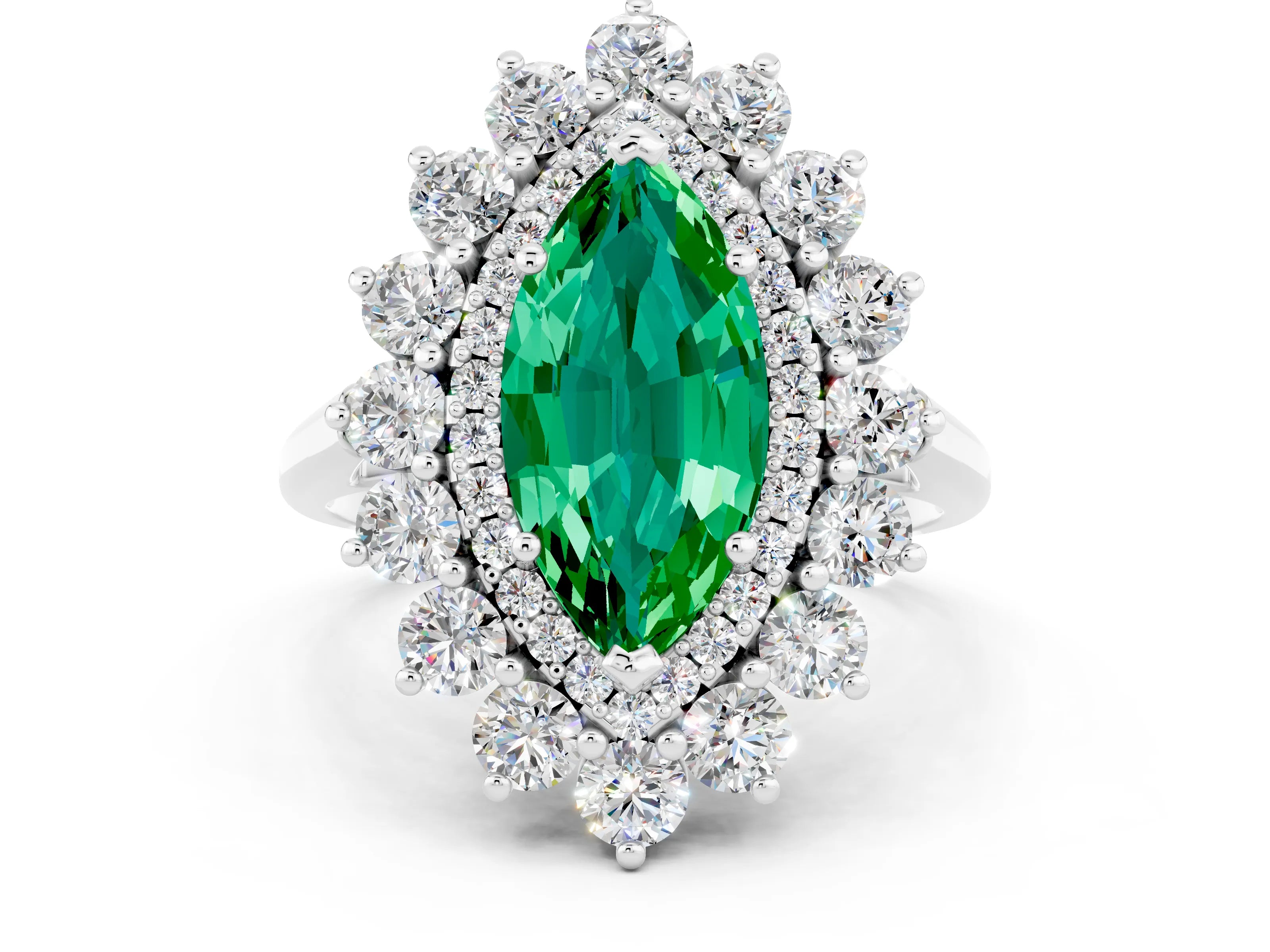 White gold Marquise Cut Halo Cluster Diamond Ring with Pave Band and Four-Prong Setting_25