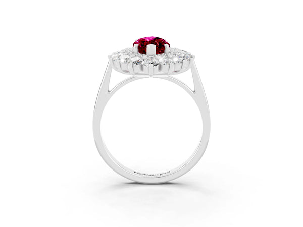 Silver Marquise Cut Garnet Floral Double Halo Engagement Ring with Prong Setting