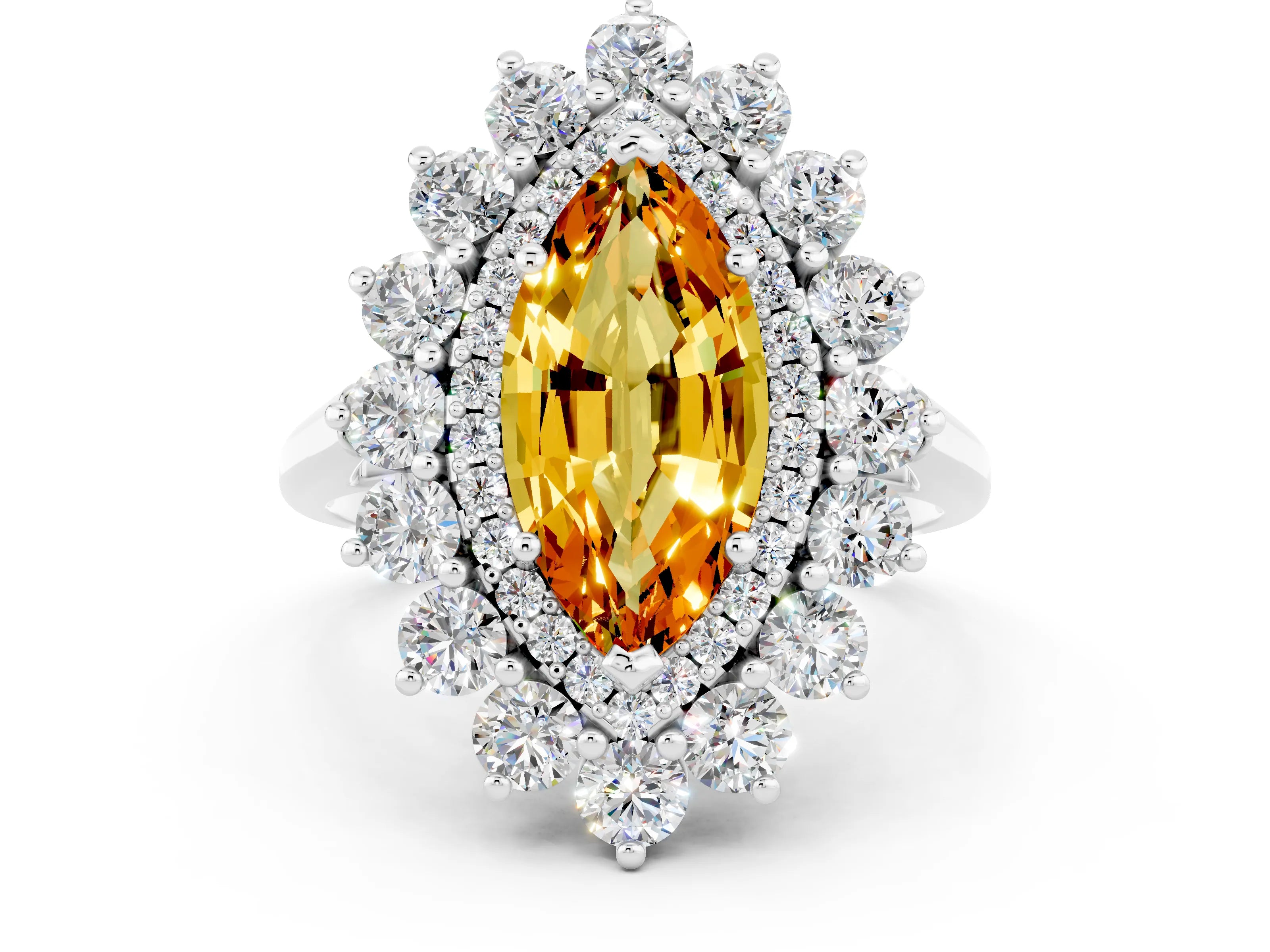 White gold Marquise Cut Halo Cluster Diamond Ring with Pave Band and Four-Prong Setting
