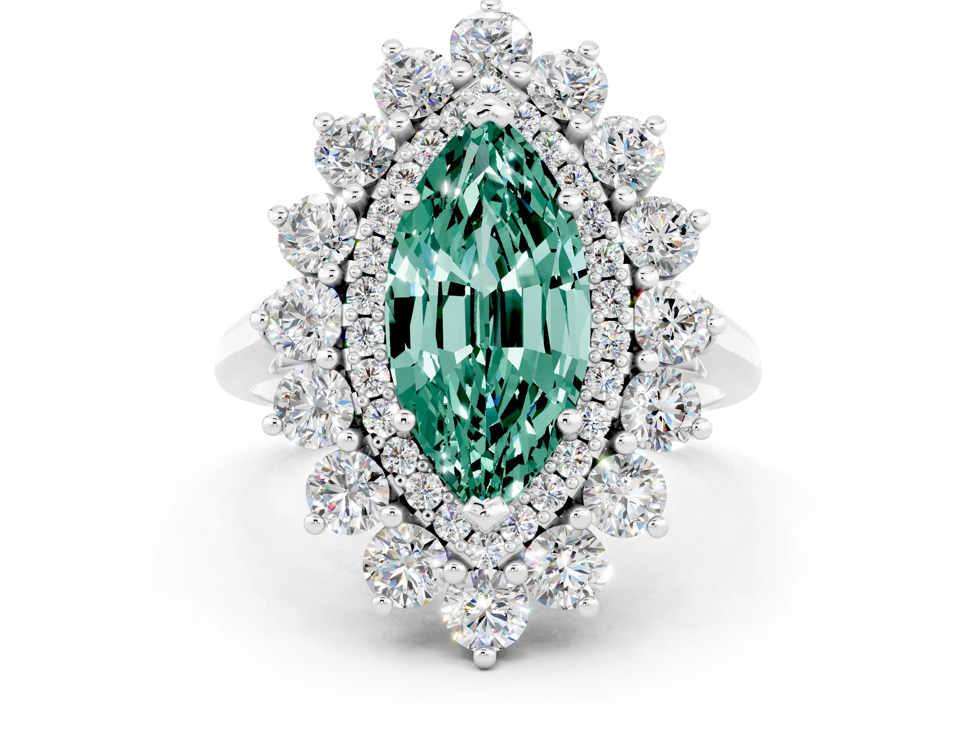 White gold Marquise Cut Halo Cluster Diamond Ring with Pave Band and Four-Prong Setting