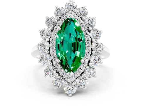 White gold Marquise Cut Halo Cluster Diamond Ring with Pave Band and Four-Prong Setting