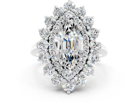 White gold Marquise Cut Halo Cluster Diamond Ring with Pave Band and Four-Prong Setting