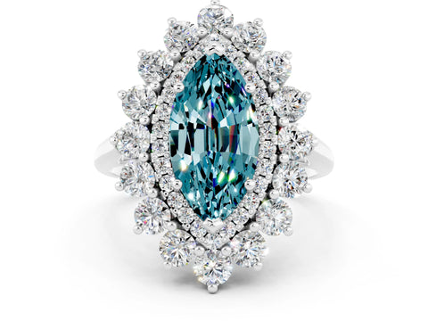 White gold Marquise Cut Halo Cluster Diamond Ring with Pave Band and Four-Prong Setting